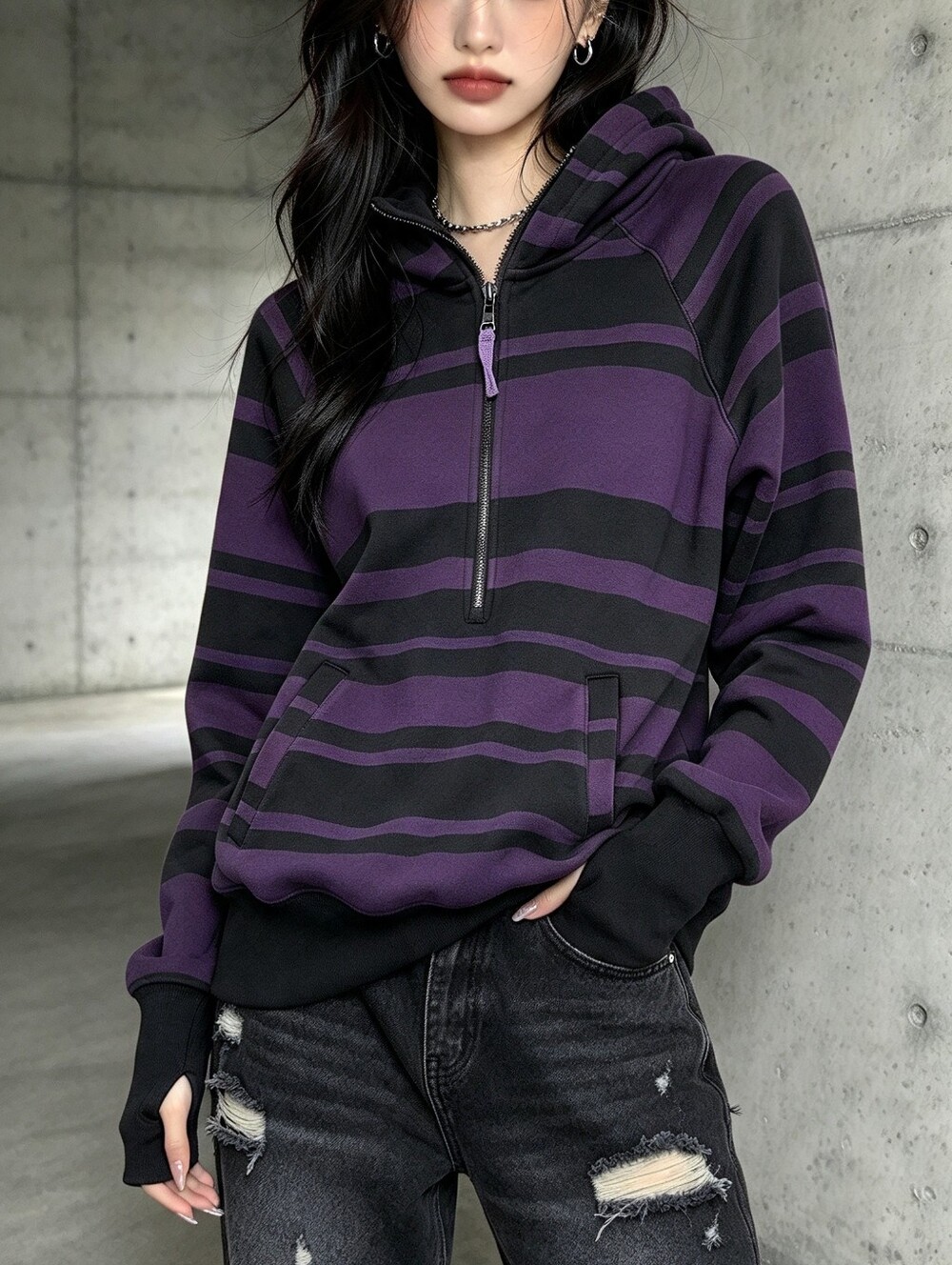 Billabong Y2K Purple Black Striped Half Zip Hoodie Thumbholes Women’s Size S